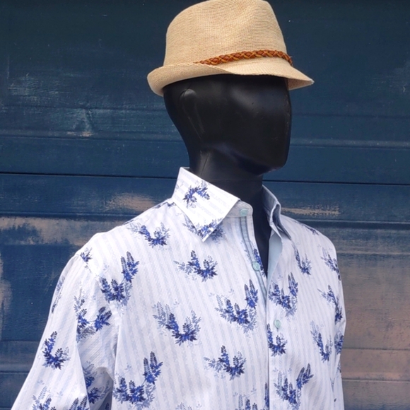 VISCONTI UOMO MEN'S SEERSUCKER BLEND FLORAL ACCENTED LUXURY SHIRT